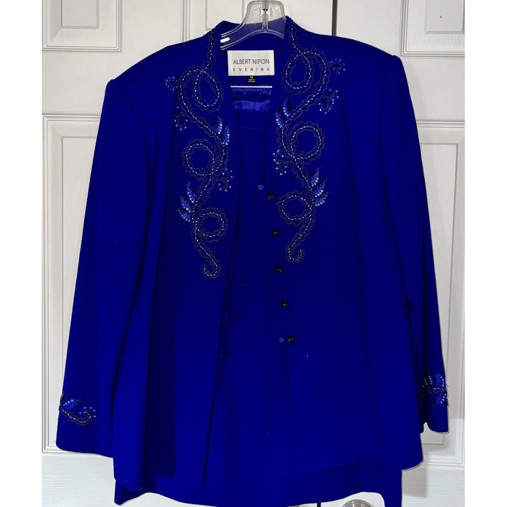 Albert Nipon Evening Bead 2 Piece Suit Skirt Jacket‎ Blue Size 16 100% Wool READ